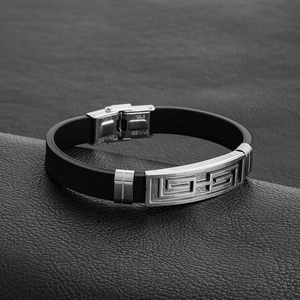 Men's hollow stainless steel and black silicone bracelet with Greek fret pattern