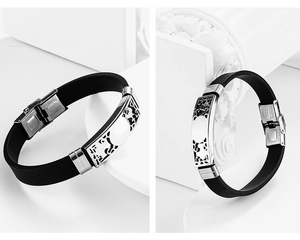 Detail of hollow steel plate and black silicone strap with stainless steel buckle