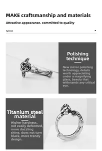 Macro detail of retro rose design on titanium steel hoop earrings with polished finish