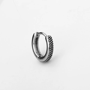 Vintage style silver huggie earrings with textured dot pattern in polished titanium steel