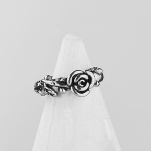 Vintage stainless steel rose flower ring with gothic vine band in oxidized finish