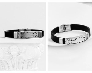Detailed shot of silicone bracelet with stainless steel Cupid arrow engraving and clasp