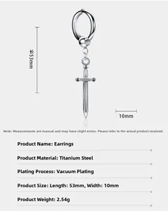 Detailed view of silver titanium steel sword dangle earring with dimension measurements