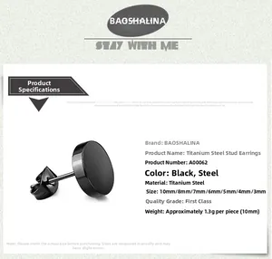 Detailed chart showing black stainless steel stud earrings available in 3mm to 10mm sizes
