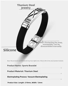 Detail of sports bracelet with hollowed titanium steel motif and black silicone strap