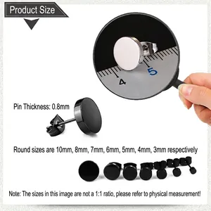 Size chart for black titanium steel dumbbell earrings with diameters from 3mm to 10mm