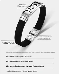Detail of men's silicone bracelet with hollow scorpion titanium steel buckle and size chart