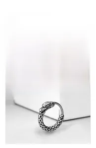 Detail of vintage dragon head earrings with intricate mesh texture in stainless steel
