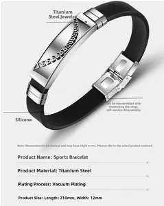 Detail of titanium steel sport bracelet with adjustable silicone strap and dimensions