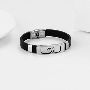 Men's black silicone bracelet with stainless steel hollow crown heart decorative plate
