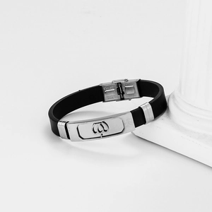 Men's hollow stainless steel and black silicone bracelet with Arabic engraved metal plate