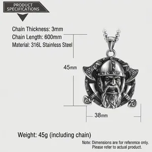 Details zum Wikinger-Anhänger aus 316L Stahl mit 60cm Rundkette und Maßen