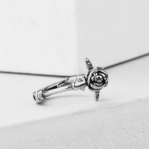 Vintage silver rose earring in stainless steel with detailed oxidized petal finish