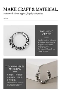 Detail of dragon-style titanium steel earring with embossed elephant head and textured band