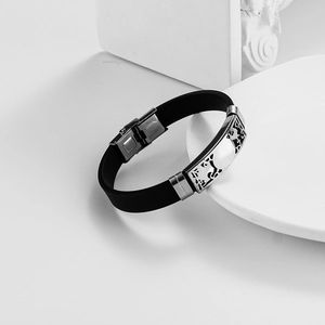 Men's hollow horse pattern stainless steel and black silicone bracelet on stone base