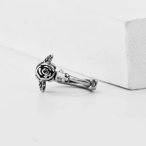 Vintage style rose flower stainless steel open ring with antique silver finish texture