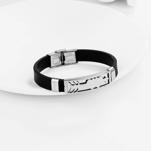 Men's black silicone bracelet with hollow geometric stainless steel center plate