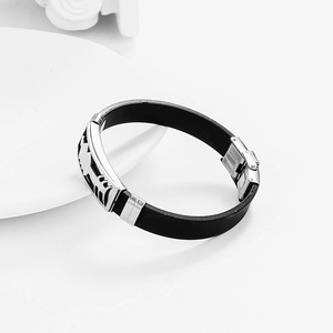 Men's hollow stainless steel and black silicone bracelet with secure folding clasp