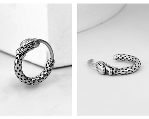 Macro view of dragon head titanium steel hoop earrings with vintage silver scales