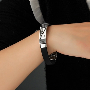 Men's hollow stainless steel and black silicone bracelet with Greek key pattern