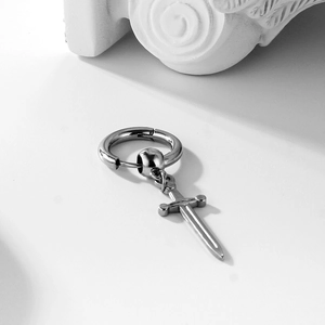 Silver stainless steel huggie hoop earring with long sword pendant for men hip hop style