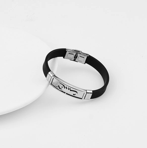 Men's black silicone bracelet with hollowed stainless steel religious pattern design