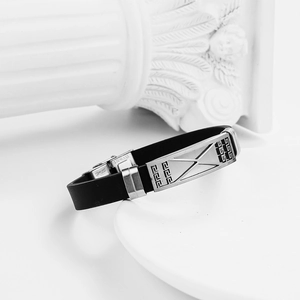 Men's black silicone bracelet with stainless steel Greek key pattern and geometric design