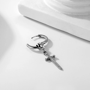 Silver gothic sword drop earrings in polished stainless steel for men and women