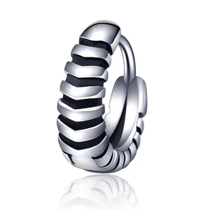 Retro Punk Gothic Ridged Hoop Earrings For Men Women Titanium Steel Industrial Style Distressed Silver Metal Jewelry