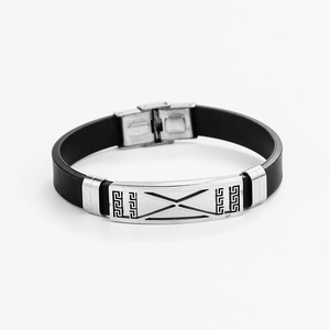 Men's black silicone bracelet with hollow geometric stainless steel metal pattern