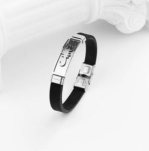 Men's hollow stainless steel and black silicone bracelet with a silver scorpion motif