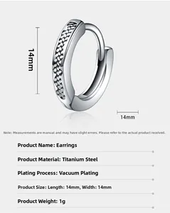 Technical view showing 14mm titanium steel hoop earring with detailed textured finish