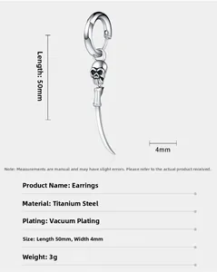 Macro view of titanium steel skull sword earring showing 50mm length and vacuum plating