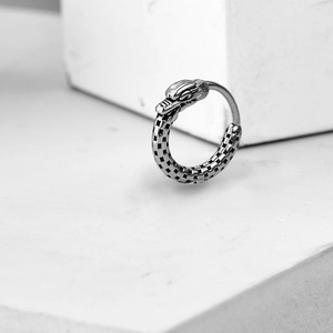 Retro stainless steel dragon hoop earring with engraved dragon head and scale patterns