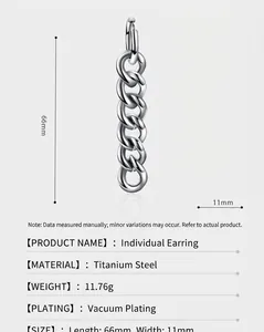 Détails de la boucle d'oreille pendante chaîne en acier titane avec mesures et dimensions