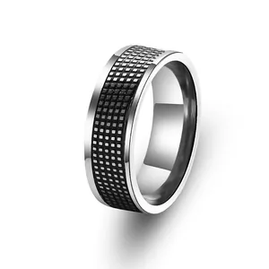 Men Retro Titanium Steel Ring Simple Geometric Vine Pattern Antique Silver Polished Band Ring Fashion Jewelry Finger Decor