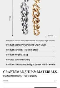 Detailed size chart showing long stainless steel chain earrings measuring 38mm by 9.0mm