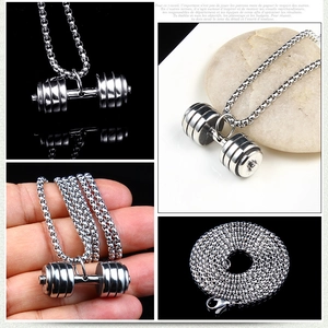 Men's stainless steel dumbbell pendant necklace with durable round pearl chain links
