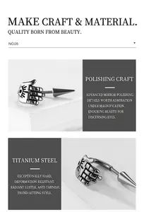 Polished silver palm earring in titanium steel with eye engraving and cone charm detail