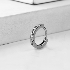 Minimalist stainless steel huggie earrings with vintage woven texture and antique silver finish