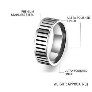 Macro detail of polished stainless steel men's ring with black vertical stripe grooves
