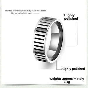 Macro detail of polished stainless steel men's ring with black vertical stripe grooves