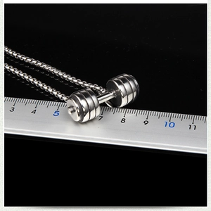 Polished stainless steel silver dumbbell necklace with box chain and 30mm pendant