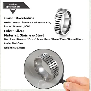 Detailed specs of titanium steel spinner ring with black vertical stripes and sizing info