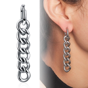 Boucles d'Oreilles Chaîne Gourmette en Acier Titane Minimaliste pour Femmes Hommes Argent Long Pendant Dragon Punk Bijoux