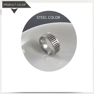 Detailed macro view of wide stainless steel ring featuring black vertical stripe pattern