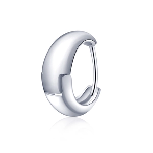Polished silver huggie hoop earrings with minimalist thick C-shape design on white background