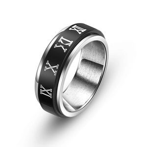 Minimalist stainless steel ring with roman numerals and black enamel finish
