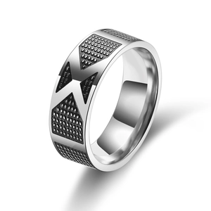 Men's wide stainless steel ring with black geometric vine patterns and matte texture