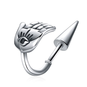 Punk style silver stainless steel earring with hand of hamsa and conical spike design